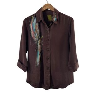 Pulp Brown Tencel Hand Painted Abstract Art Button Up Shirt Womens Small Artsy